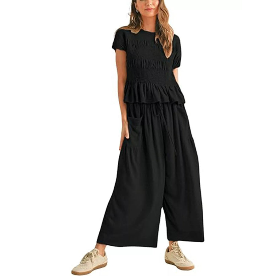 Smocked Peplum Top and Wide-Leg Pants Set Apparel and Accessories