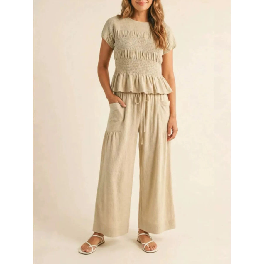 Smocked Peplum Top and Wide-Leg Pants Set Beige / S Apparel and Accessories