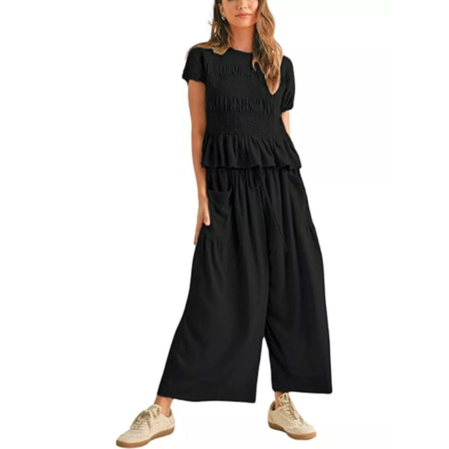 Smocked Peplum Top and Wide-Leg Pants Set Black / S Apparel and Accessories