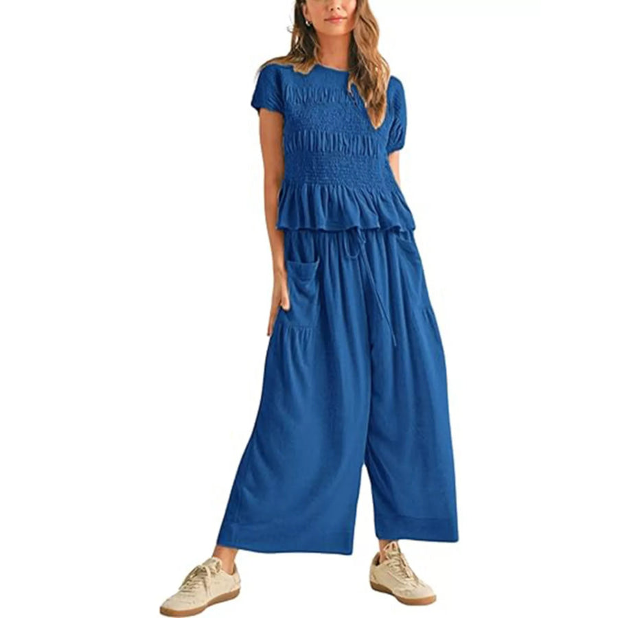 Smocked Peplum Top and Wide-Leg Pants Set Blue / S Apparel and Accessories