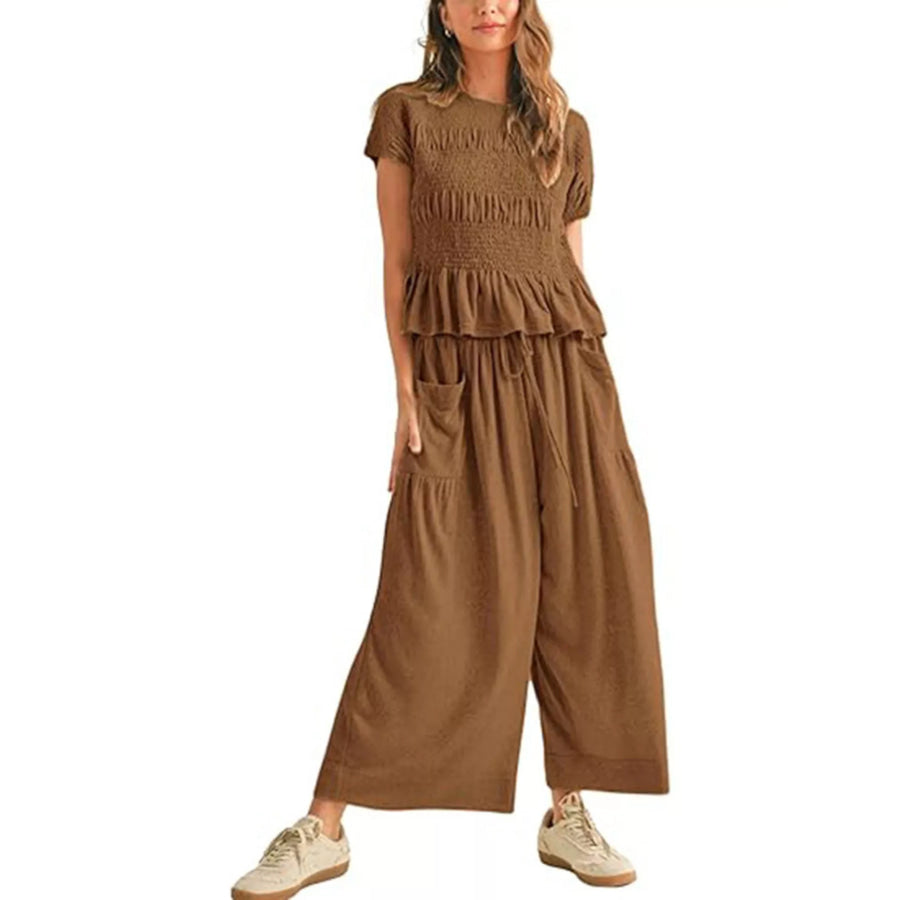 Smocked Peplum Top and Wide-Leg Pants Set Brown / S Apparel and Accessories
