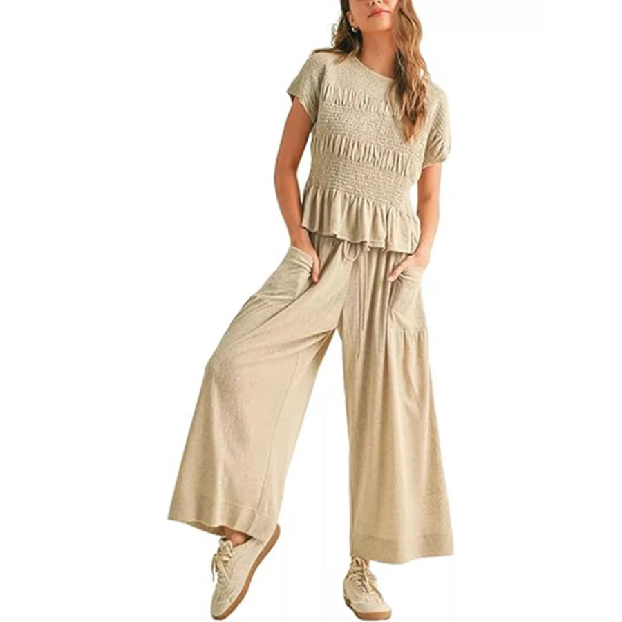 Smocked Peplum Top and Wide-Leg Pants Set Cream White / S Apparel and Accessories