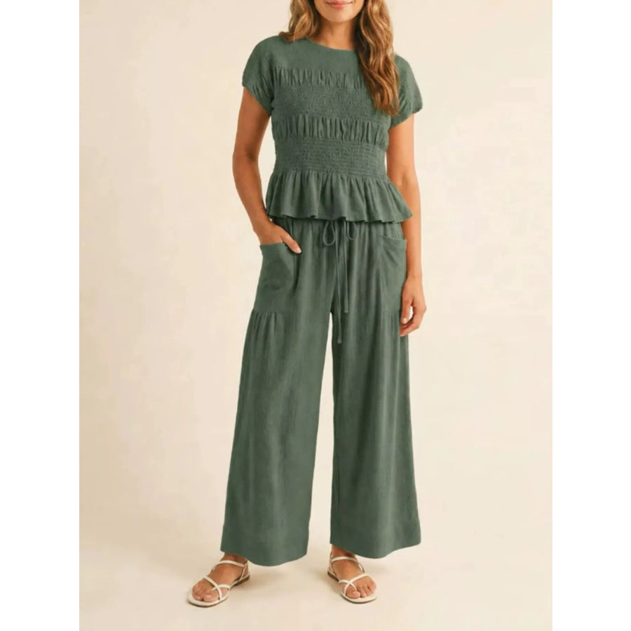 Smocked Peplum Top and Wide-Leg Pants Set Deep Teal / S Apparel and Accessories
