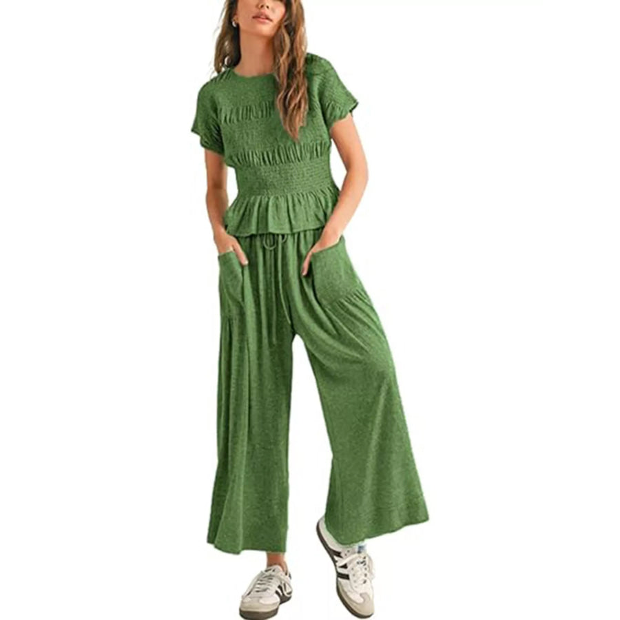 Smocked Peplum Top and Wide-Leg Pants Set Green / S Apparel and Accessories