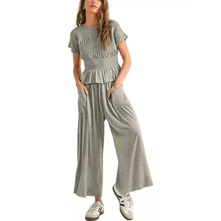 Smocked Peplum Top and Wide-Leg Pants Set Grey / S Apparel and Accessories