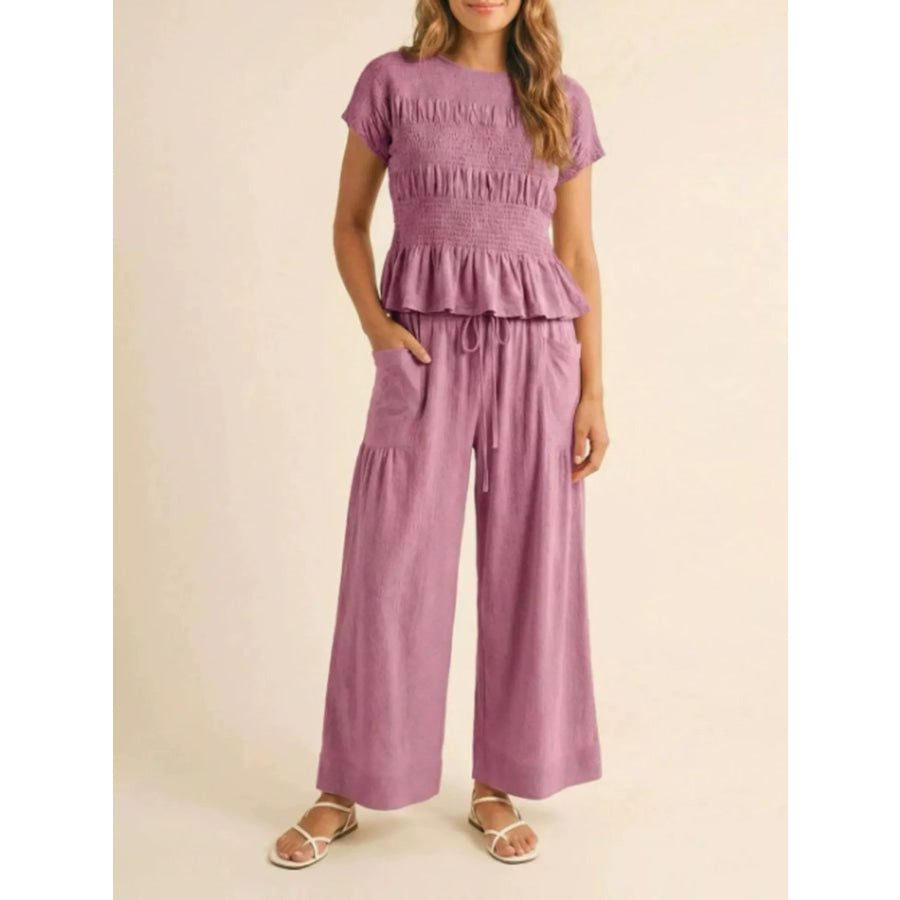 Smocked Peplum Top and Wide-Leg Pants Set Lilac / S Apparel and Accessories