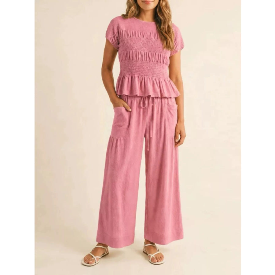 Smocked Peplum Top and Wide-Leg Pants Set Pink / S Apparel and Accessories