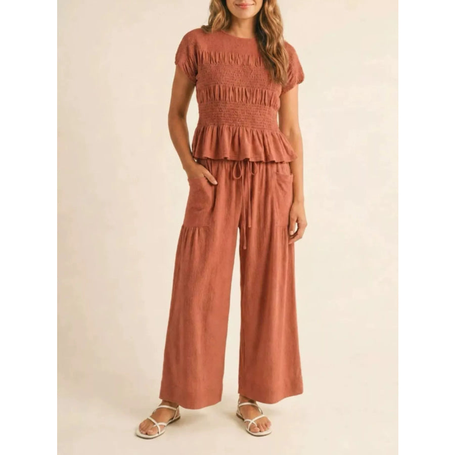 Smocked Peplum Top and Wide-Leg Pants Set Terracotta / S Apparel and Accessories