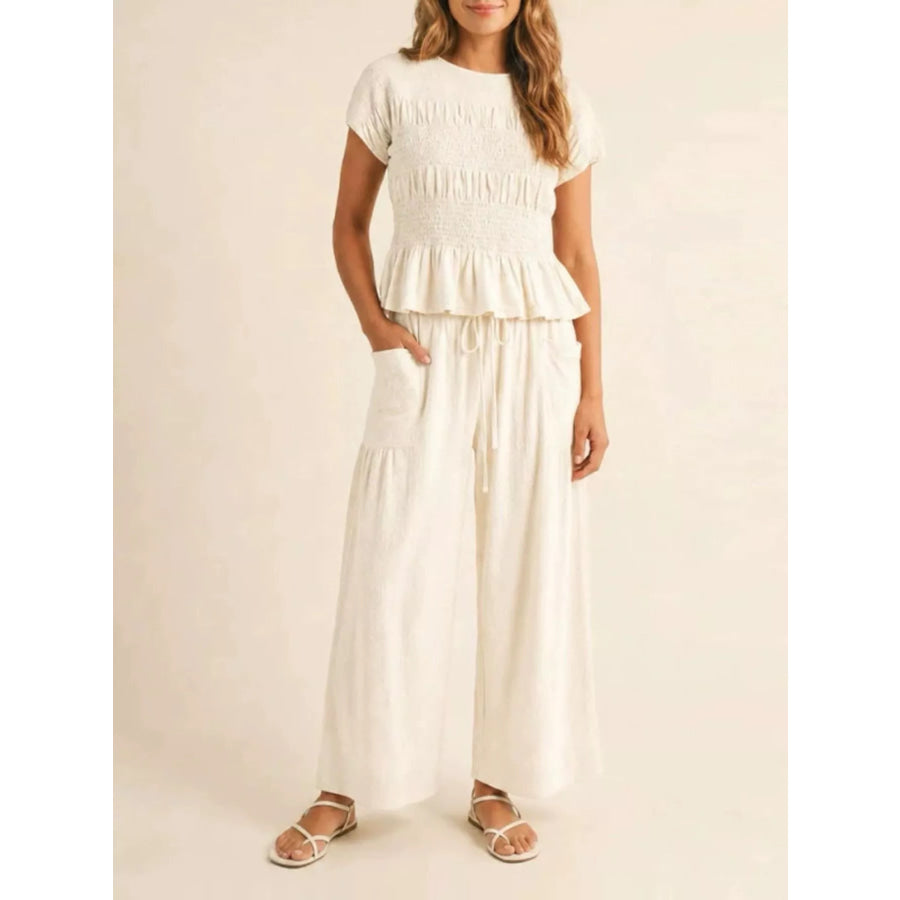 Smocked Peplum Top and Wide-Leg Pants Set White / S Apparel and Accessories