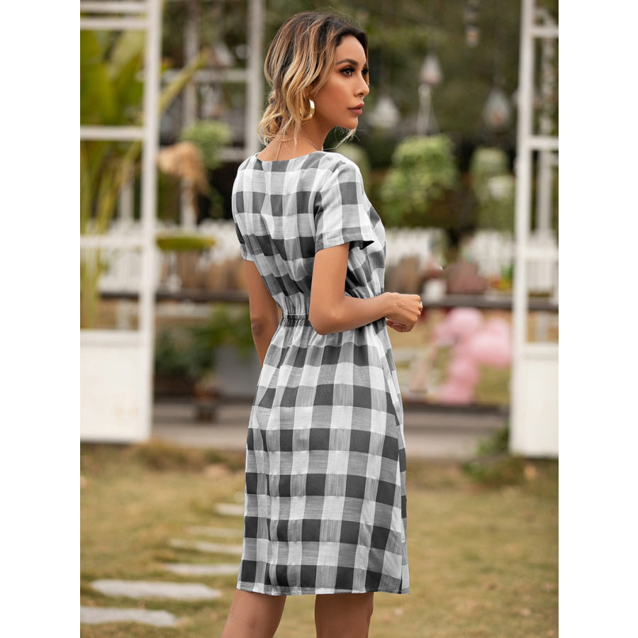 Smocked Plaid Round Neck Short Sleeve Dress Apparel and Accessories