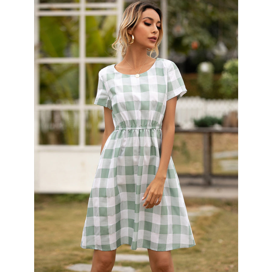 Smocked Plaid Round Neck Short Sleeve Dress Gum Leaf / S Apparel and Accessories