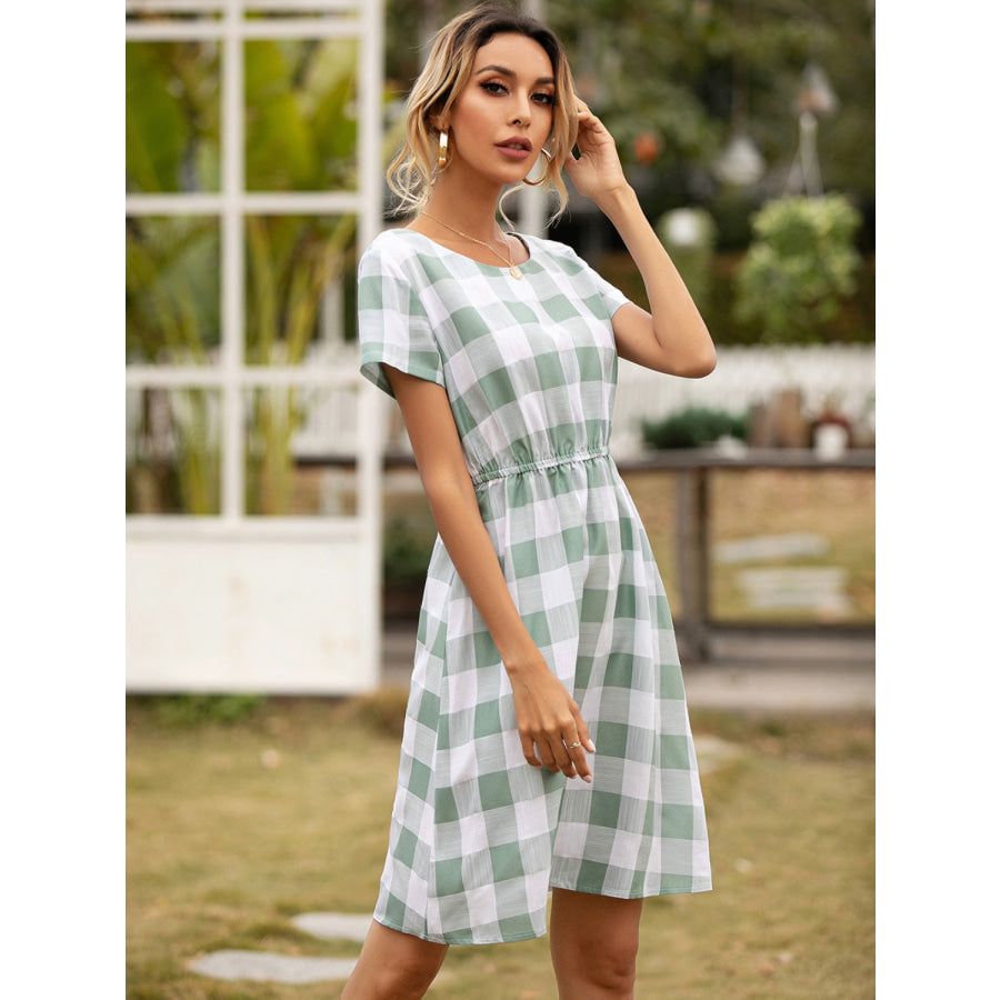 Smocked Plaid Round Neck Short Sleeve Dress Apparel and Accessories