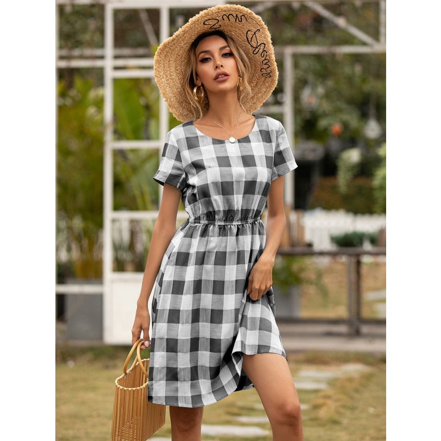 Smocked Plaid Round Neck Short Sleeve Dress Apparel and Accessories