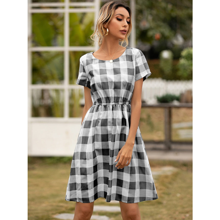 Smocked Plaid Round Neck Short Sleeve Dress Apparel and Accessories