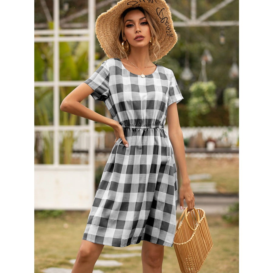 Smocked Plaid Round Neck Short Sleeve Dress Black / S Apparel and Accessories