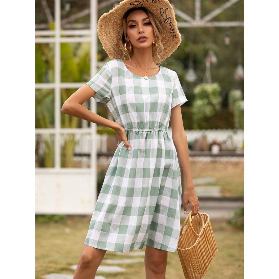 Smocked Plaid Round Neck Short Sleeve Dress Gum Leaf / S Apparel and Accessories