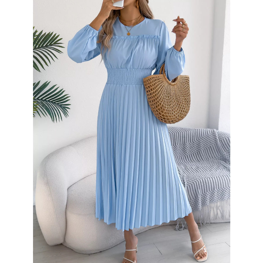 Smocked Pleated Long Sleeve Midi Dress Apparel and Accessories