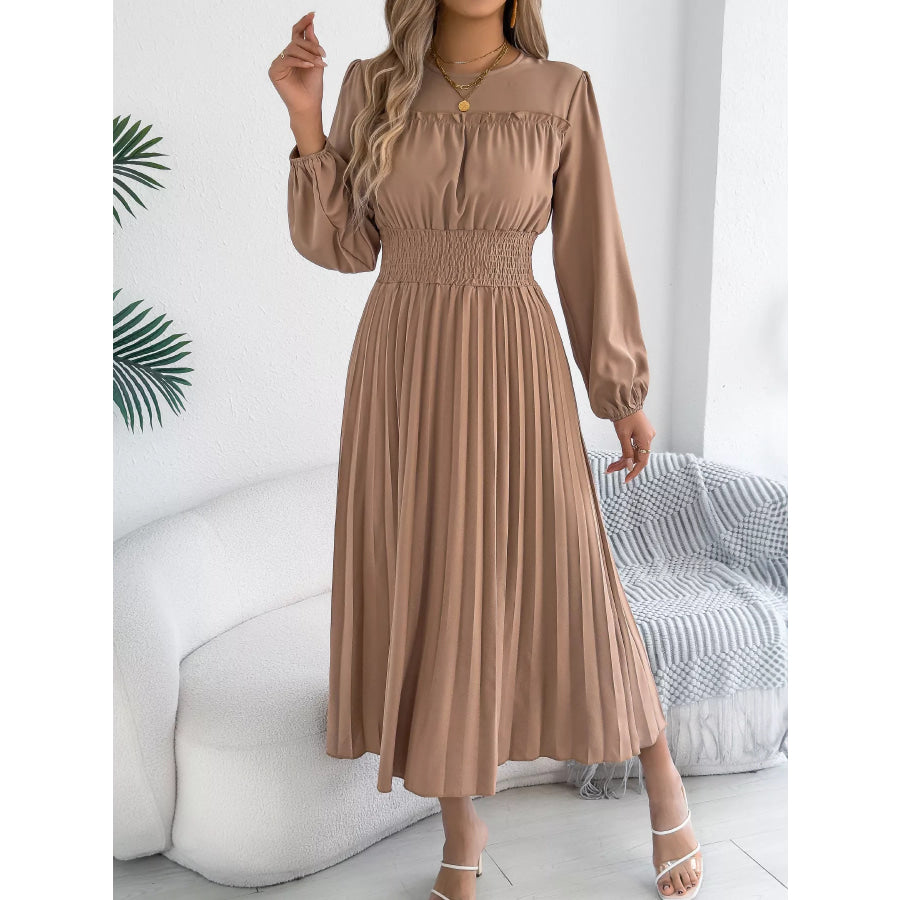 Smocked Pleated Long Sleeve Midi Dress Apparel and Accessories