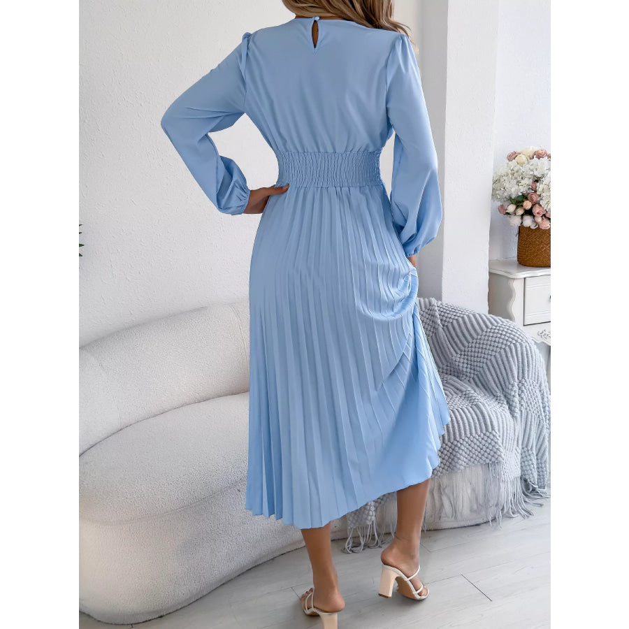 Smocked Pleated Long Sleeve Midi Dress Apparel and Accessories