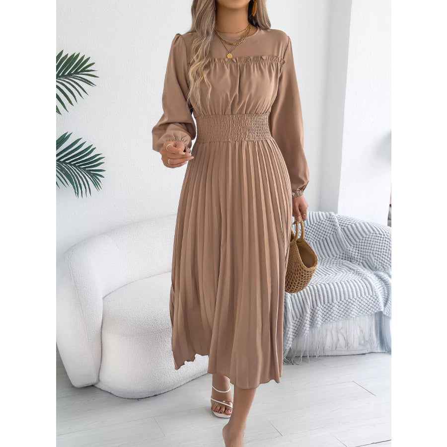 Smocked Pleated Long Sleeve Midi Dress Apparel and Accessories
