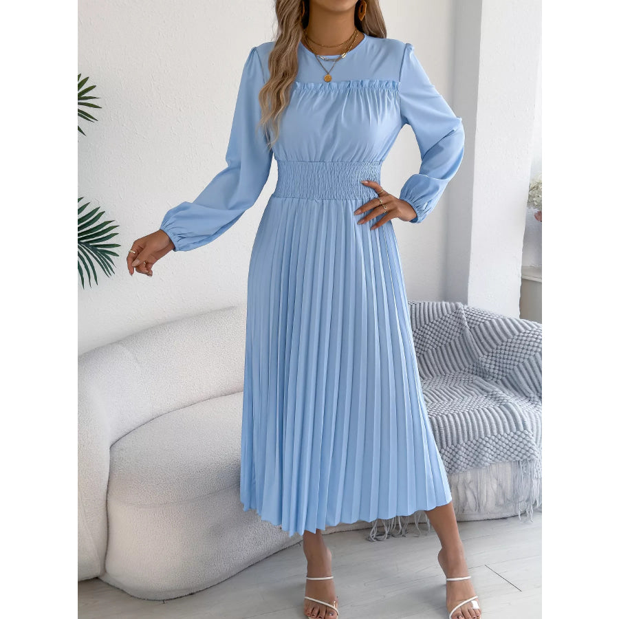 Smocked Pleated Long Sleeve Midi Dress Apparel and Accessories