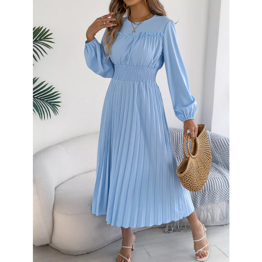 Smocked Pleated Long Sleeve Midi Dress Apparel and Accessories