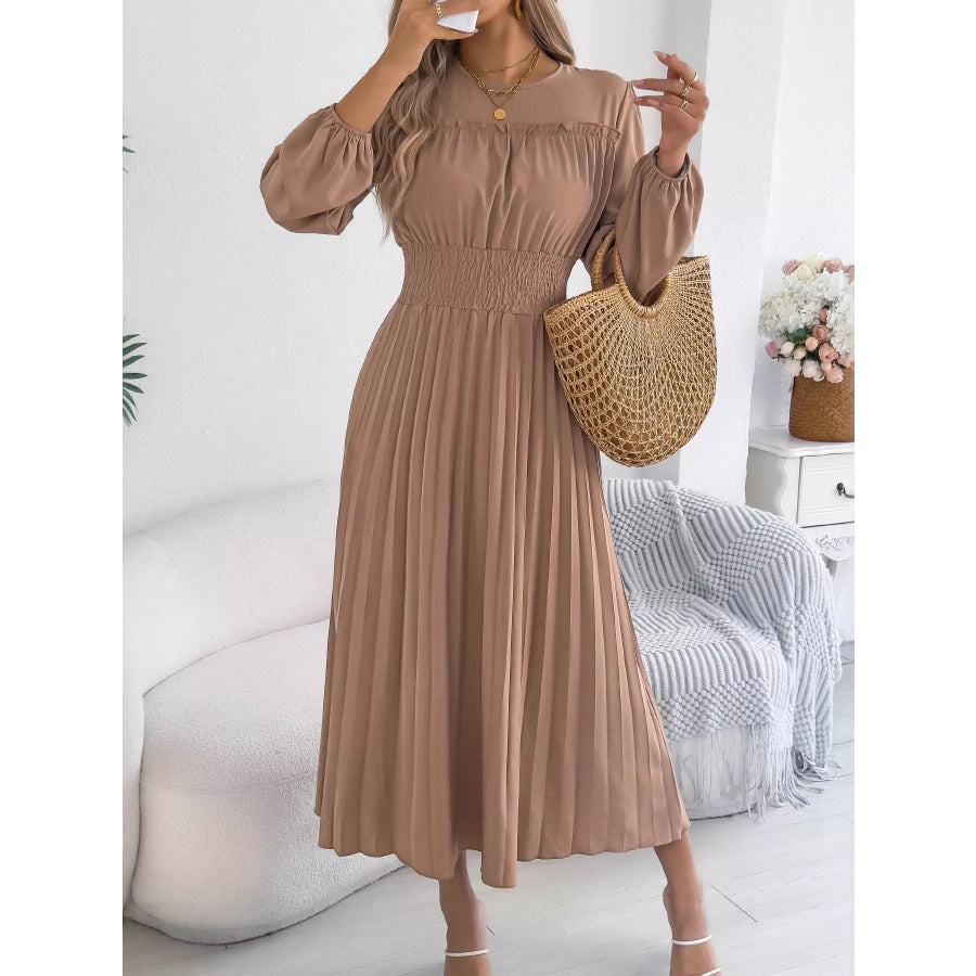 Smocked Pleated Long Sleeve Midi Dress Apparel and Accessories