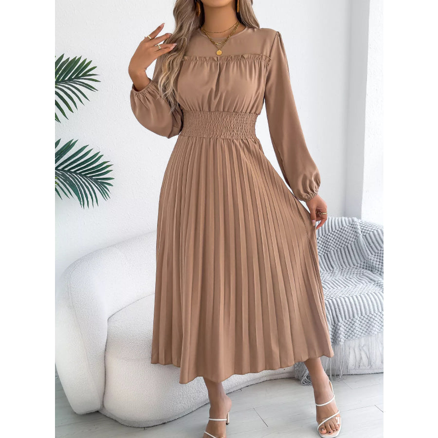 Smocked Pleated Long Sleeve Midi Dress Apparel and Accessories