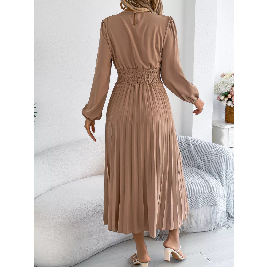 Smocked Pleated Long Sleeve Midi Dress Apparel and Accessories