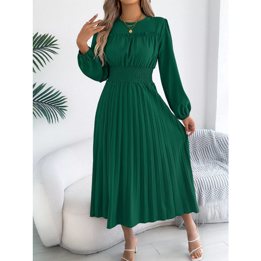 Smocked Pleated Long Sleeve Midi Dress Apparel and Accessories