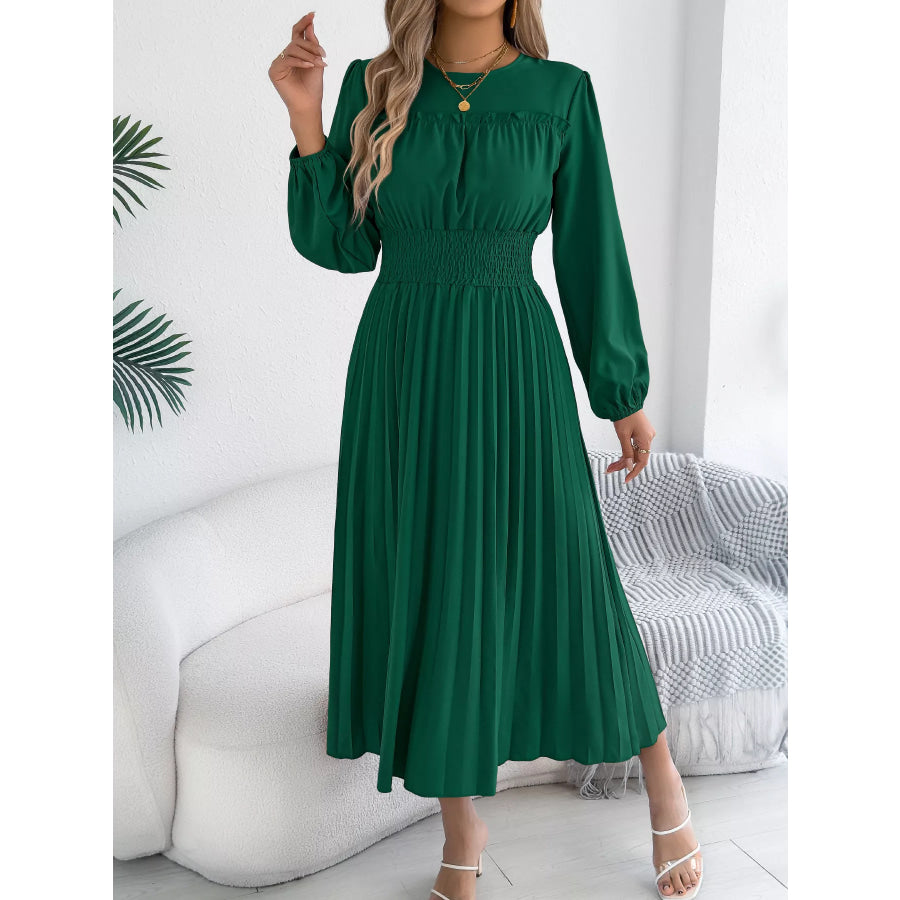 Smocked Pleated Long Sleeve Midi Dress Apparel and Accessories