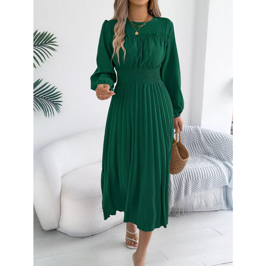 Smocked Pleated Long Sleeve Midi Dress Apparel and Accessories