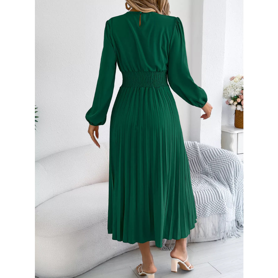 Smocked Pleated Long Sleeve Midi Dress Apparel and Accessories