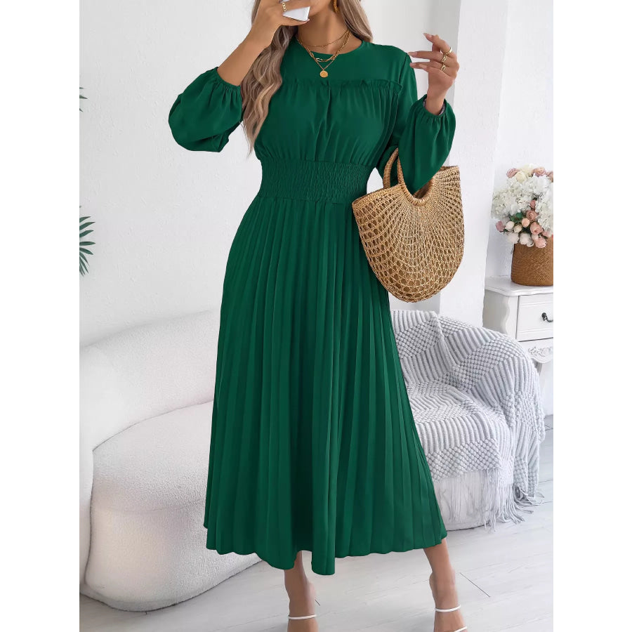 Smocked Pleated Long Sleeve Midi Dress Green / S Apparel and Accessories