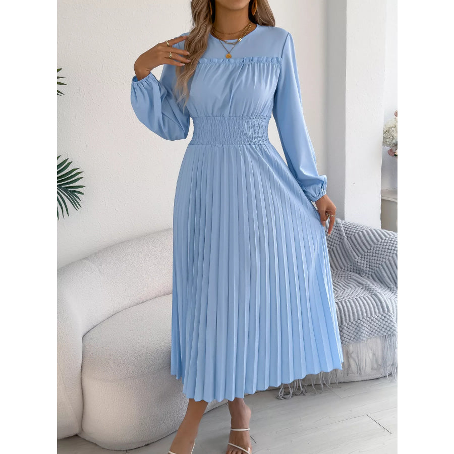 Smocked Pleated Long Sleeve Midi Dress Light Blue / S Apparel and Accessories