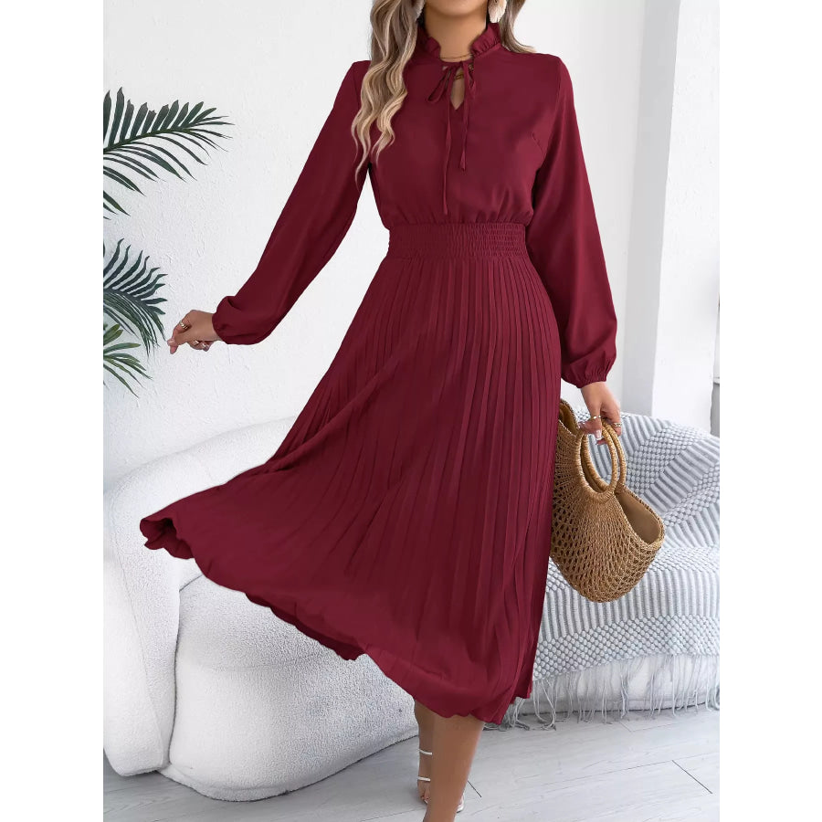 Smocked Pleated Tie Neck Dress Apparel and Accessories