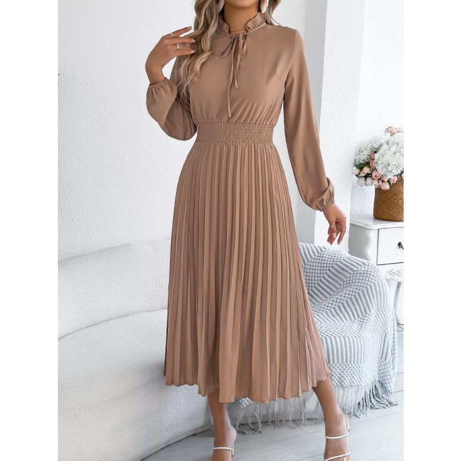 Smocked Pleated Tie Neck Dress Khaki / S Apparel and Accessories
