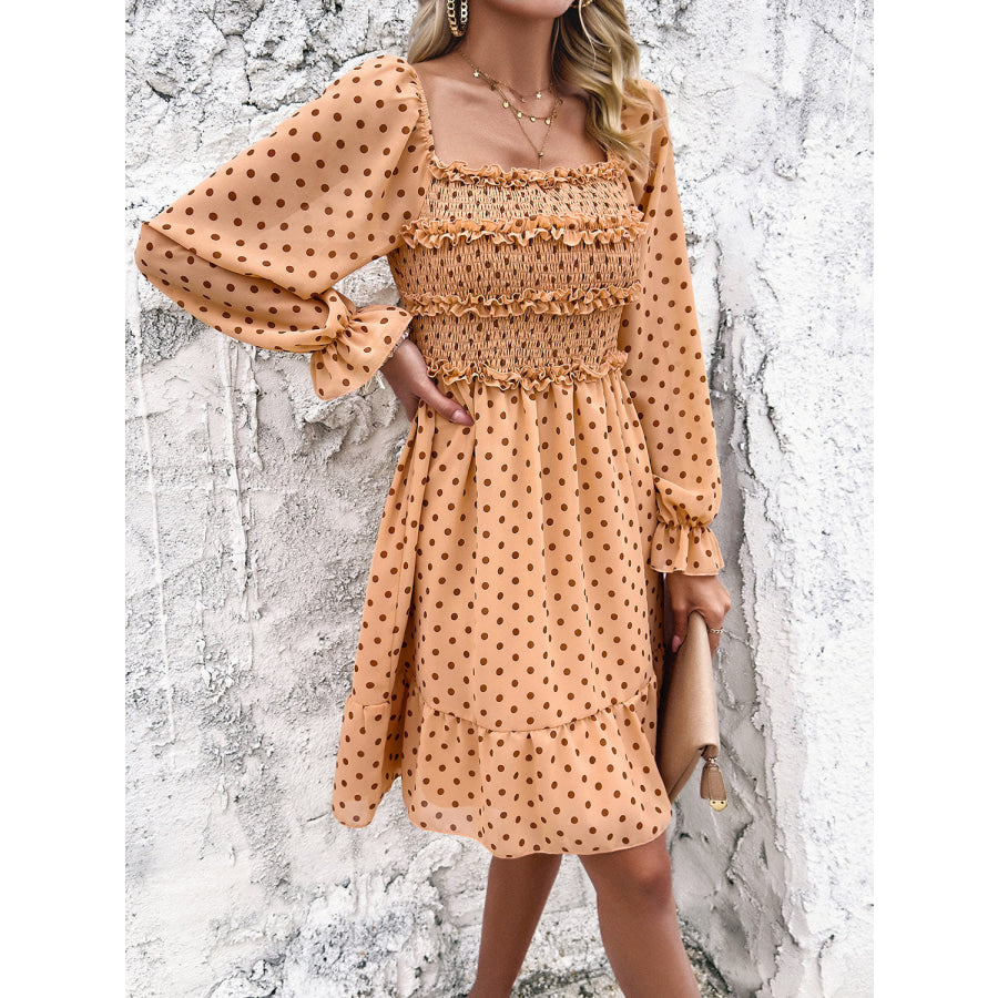 Smocked Polka Dot Long Sleeve Dress Apparel and Accessories