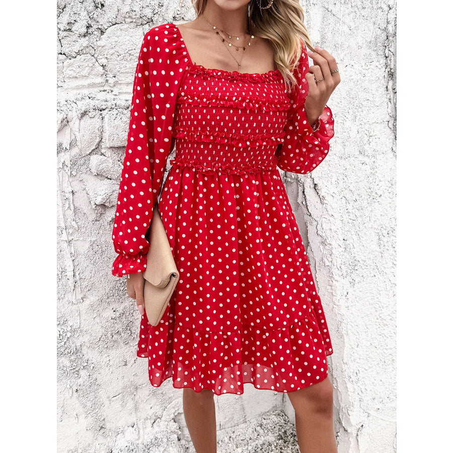 Smocked Polka Dot Long Sleeve Dress Apparel and Accessories