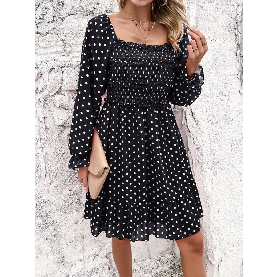 Smocked Polka Dot Long Sleeve Dress Apparel and Accessories