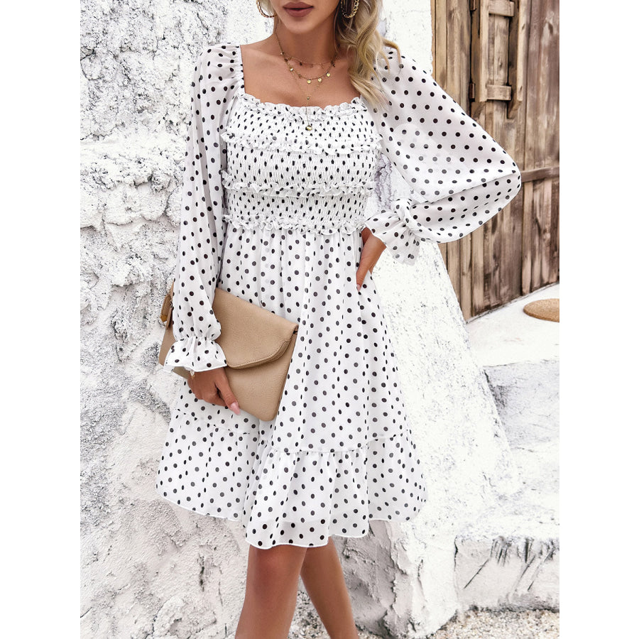 Smocked Polka Dot Long Sleeve Dress Apparel and Accessories