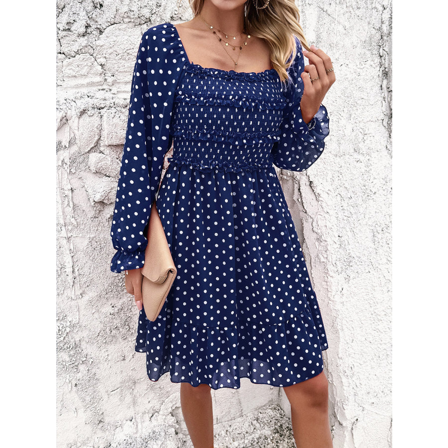 Smocked Polka Dot Long Sleeve Dress Apparel and Accessories