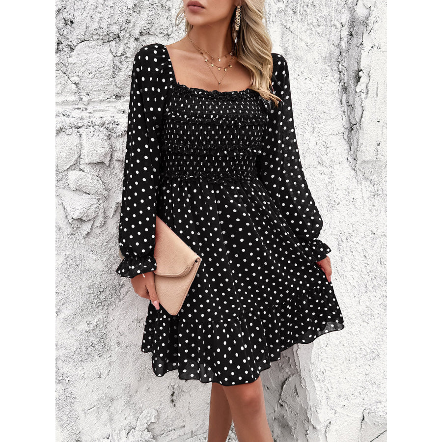 Smocked Polka Dot Long Sleeve Dress Apparel and Accessories