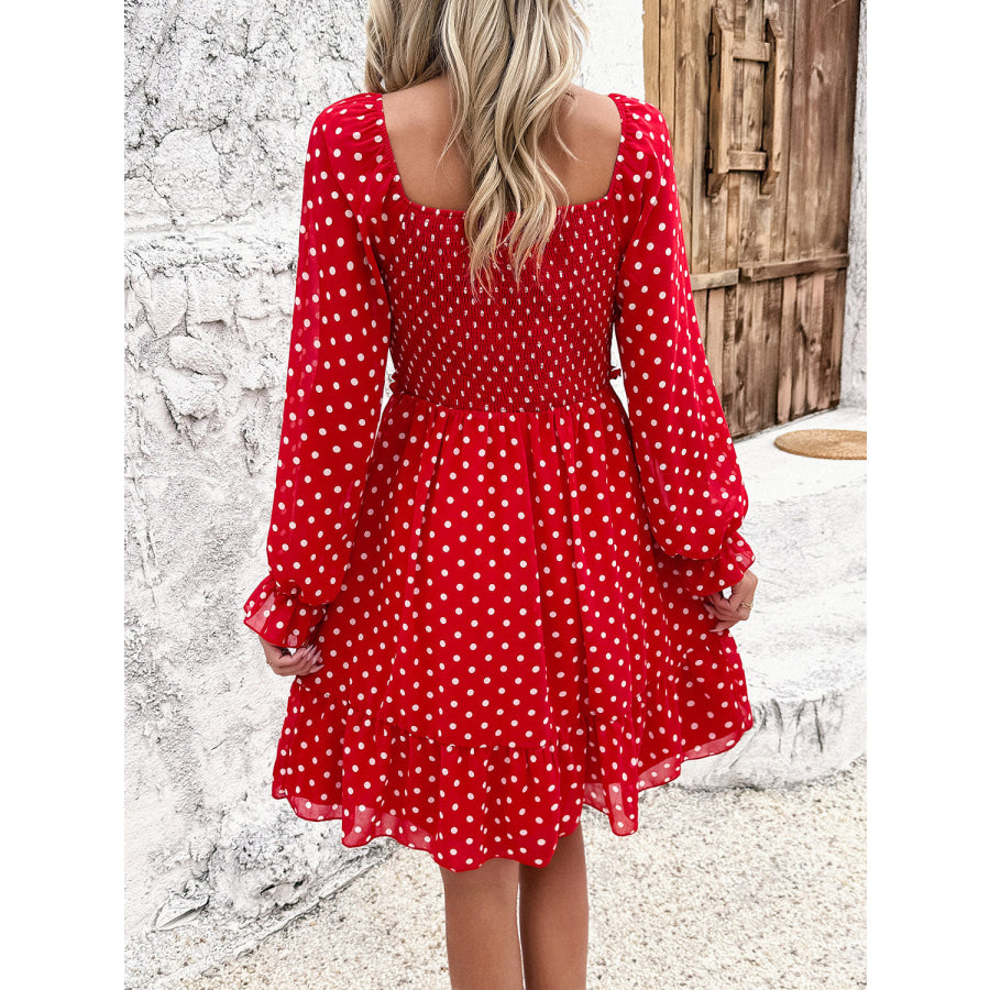 Smocked Polka Dot Long Sleeve Dress Apparel and Accessories