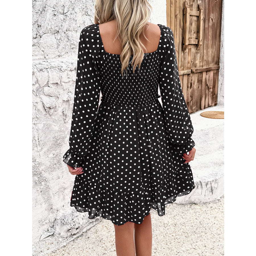 Smocked Polka Dot Long Sleeve Dress Black / S Apparel and Accessories