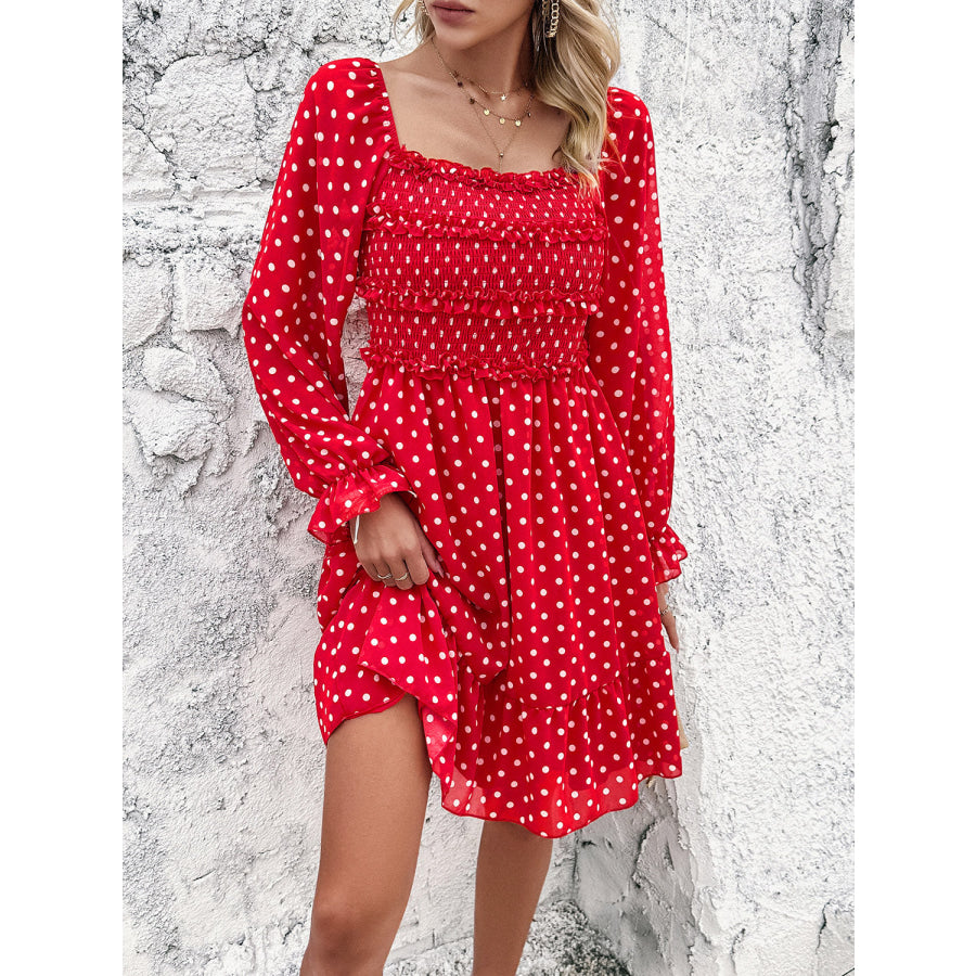 Smocked Polka Dot Long Sleeve Dress Apparel and Accessories