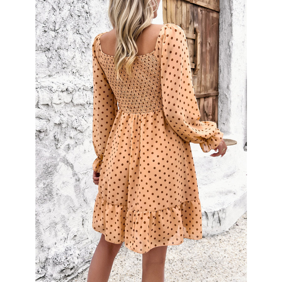 Smocked Polka Dot Long Sleeve Dress Apparel and Accessories