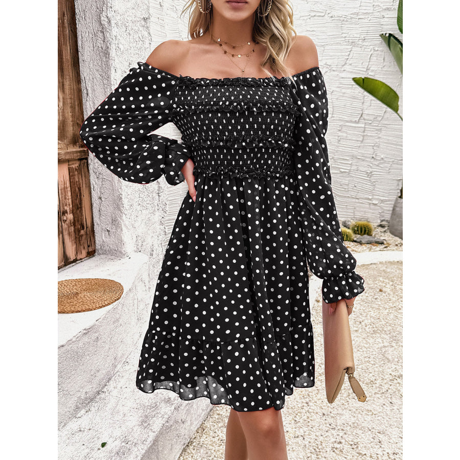 Smocked Polka Dot Long Sleeve Dress Black / S Apparel and Accessories