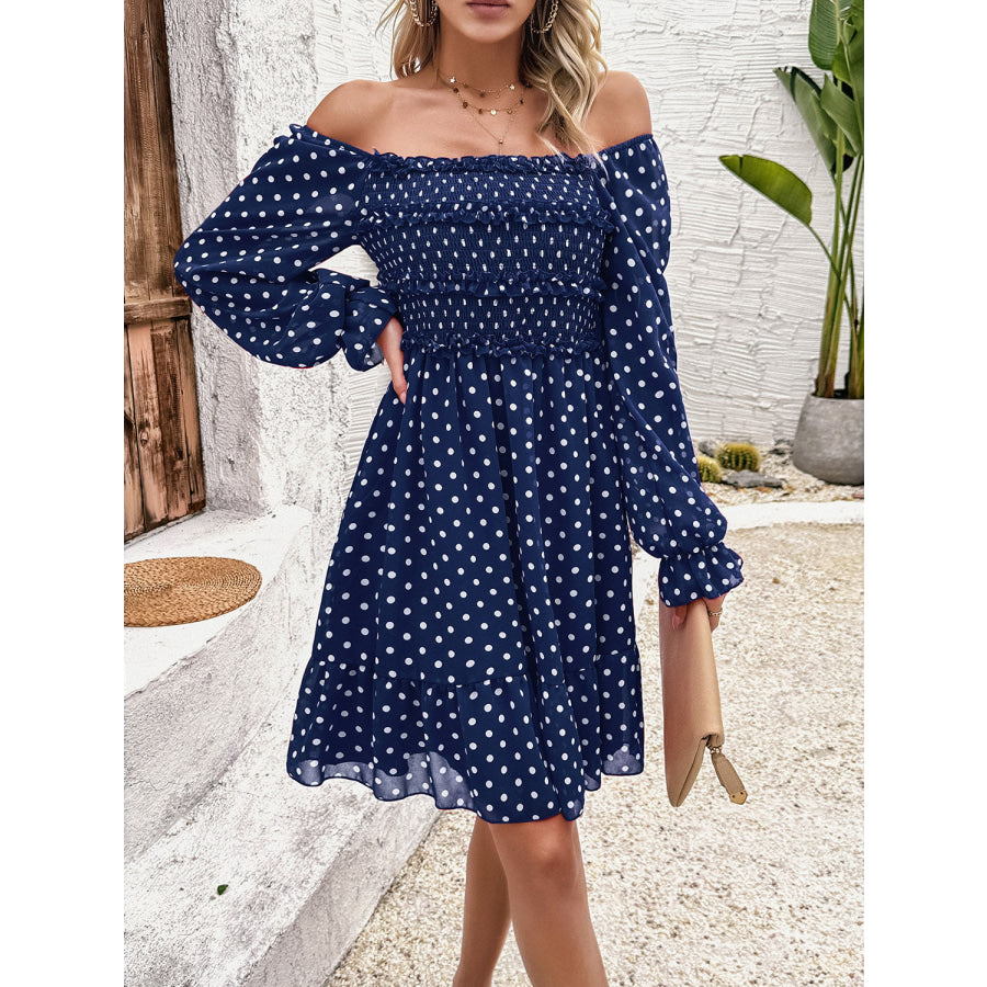 Smocked Polka Dot Long Sleeve Dress Navy / S Apparel and Accessories