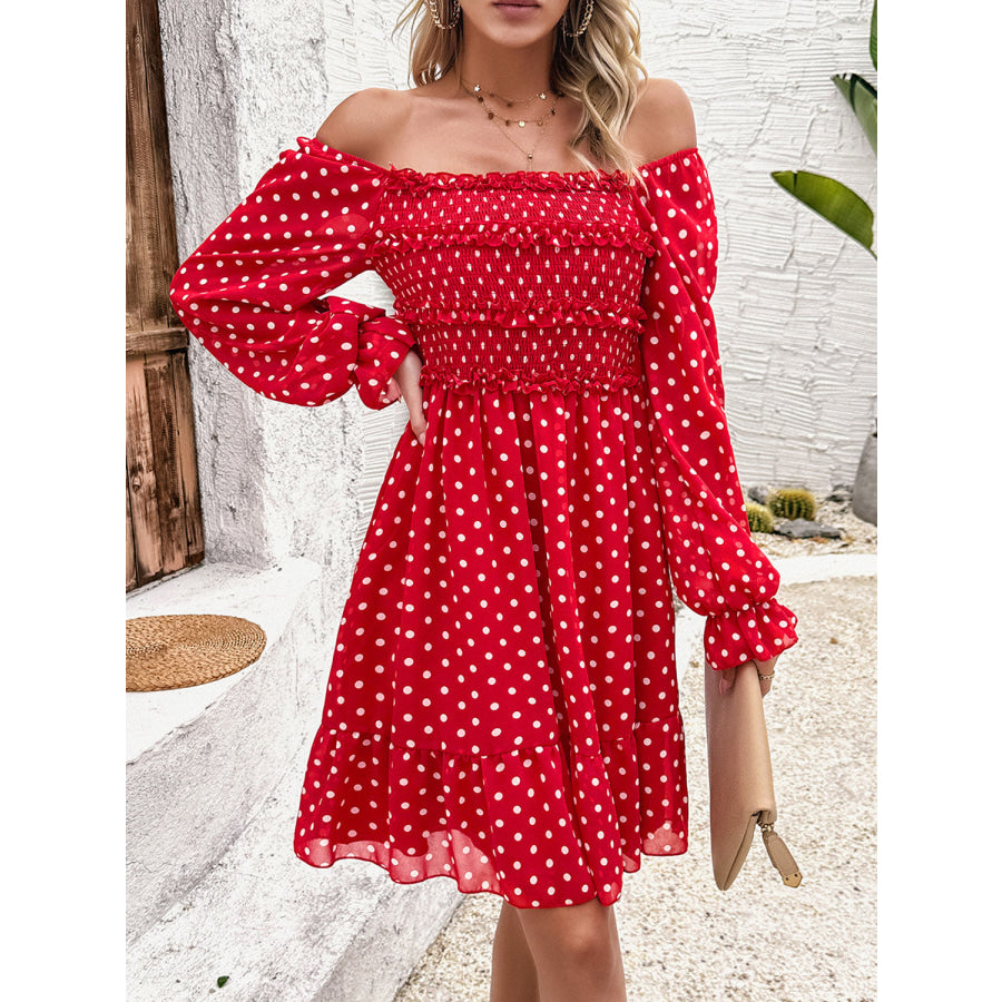 Smocked Polka Dot Long Sleeve Dress Red / S Apparel and Accessories